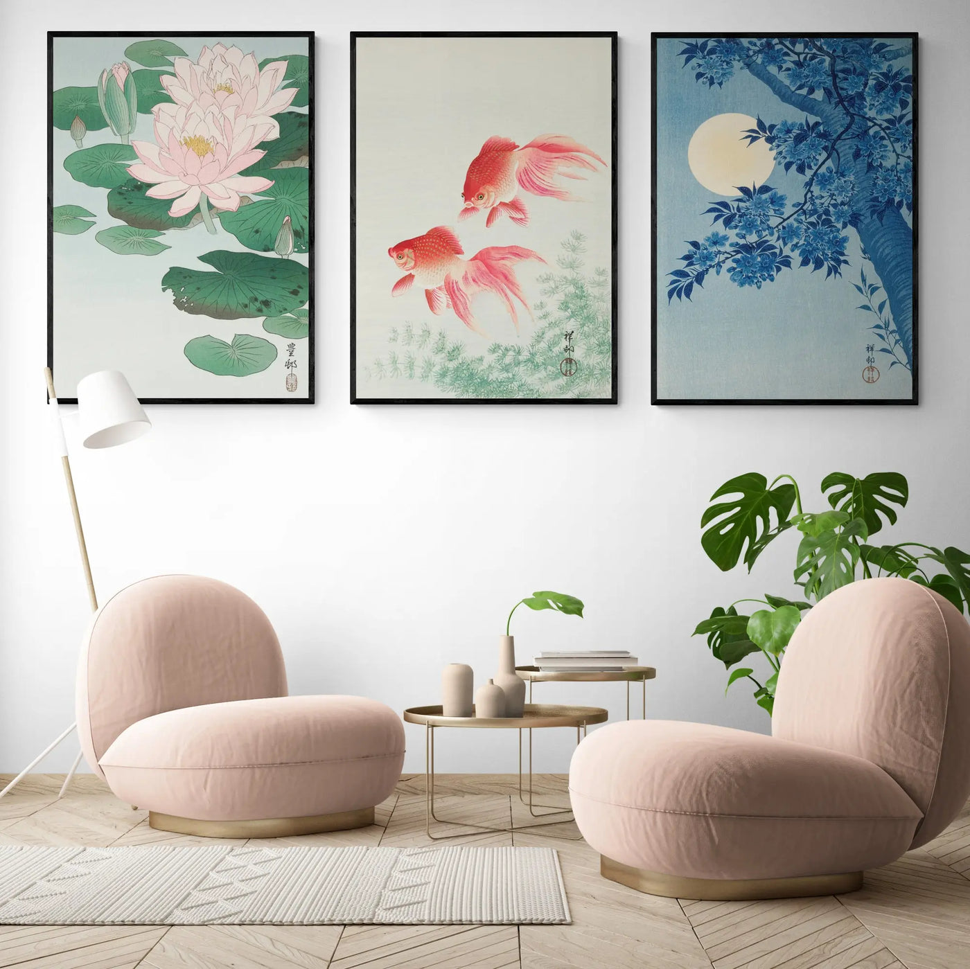 3x Vintage Japanese Exhibitions by Ohara Koson Framed Wall Art