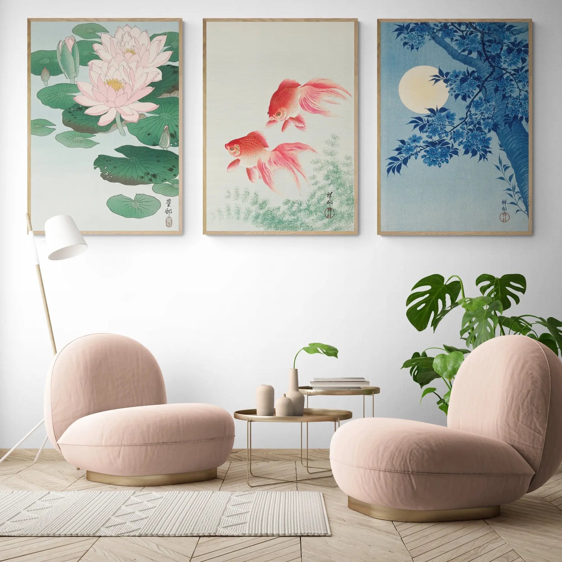 3x Vintage Japanese Exhibitions by Ohara Koson Framed Wall Art