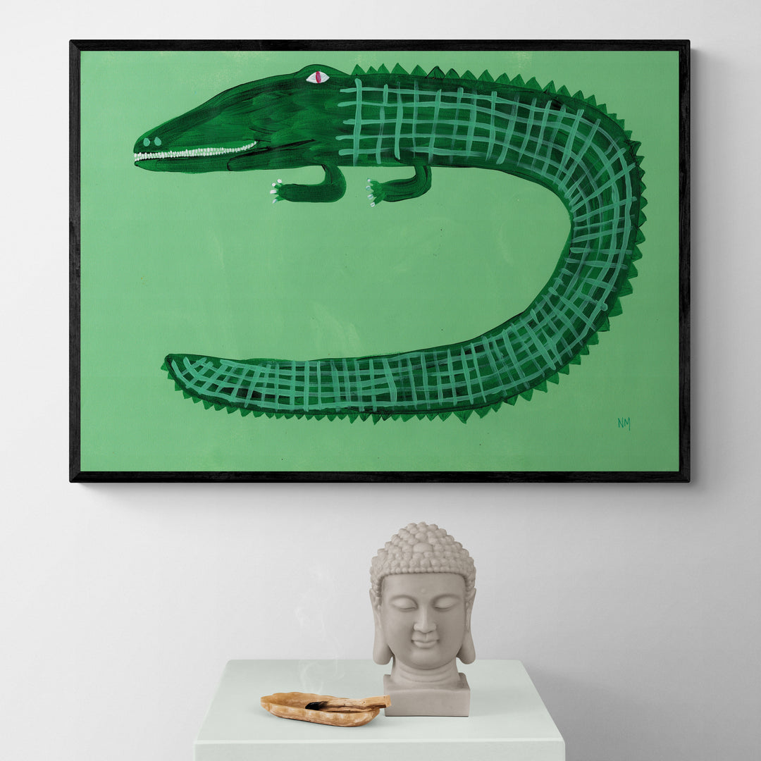 Green Crocodile by Nancy McKie Framed Wall Art | Inka Arthouse