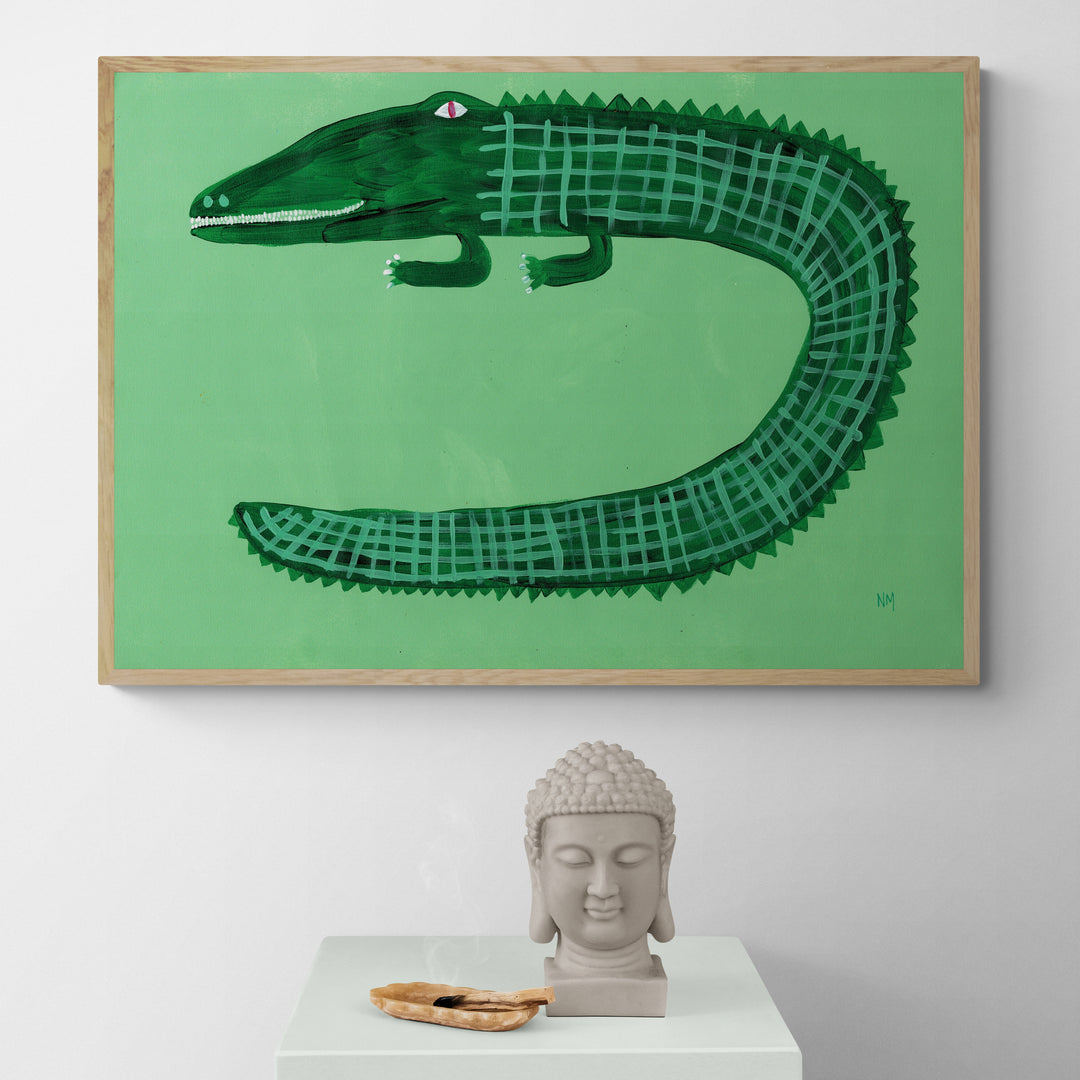 Green Crocodile by Nancy McKie Framed Wall Art | Inka Arthouse