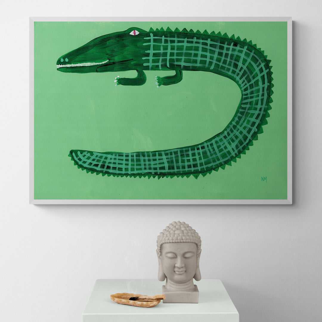 Green Crocodile by Nancy McKie Framed Wall Art | Inka Arthouse