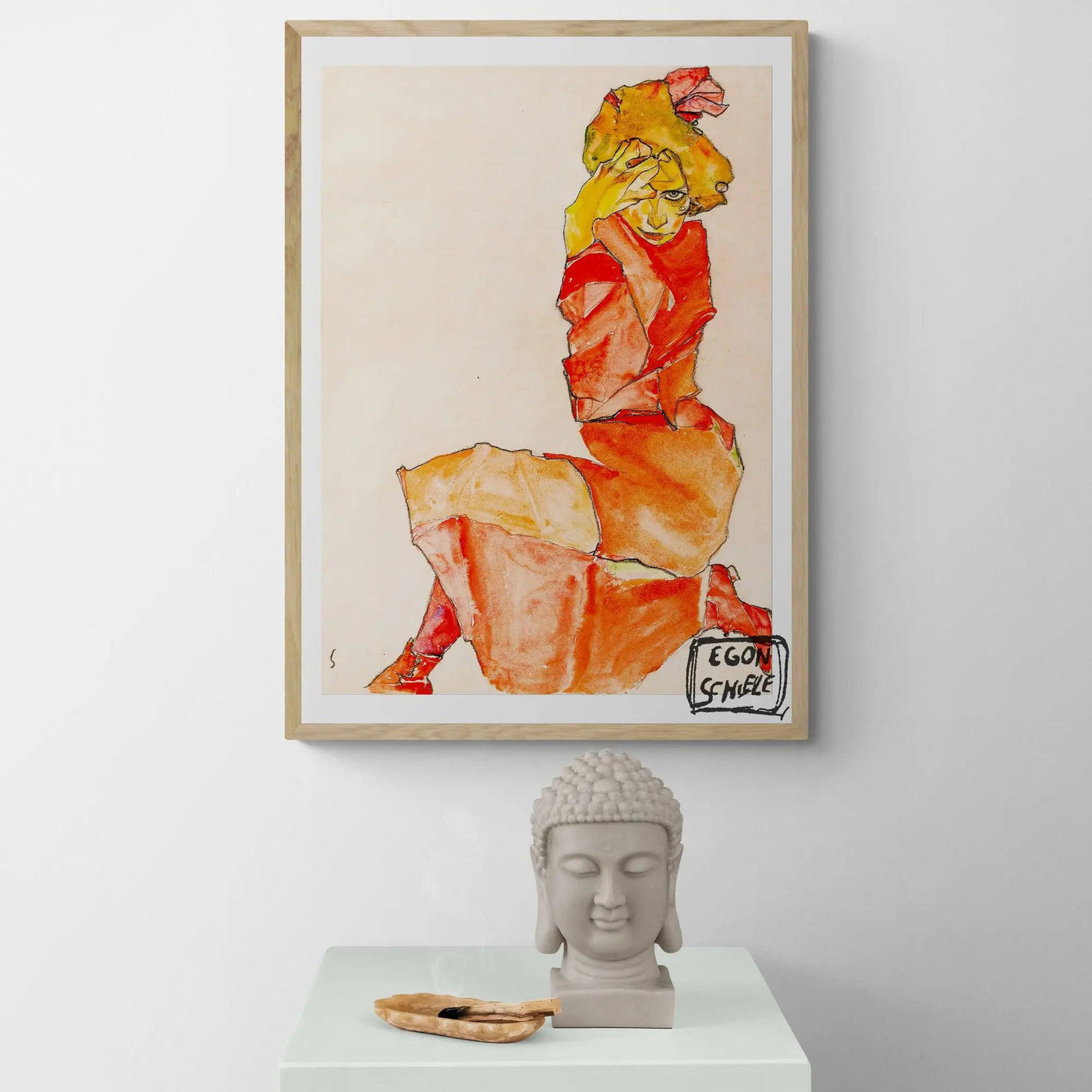 red dress woman painting Woman In Red Dress by Egon Schiele Framed Wall Art